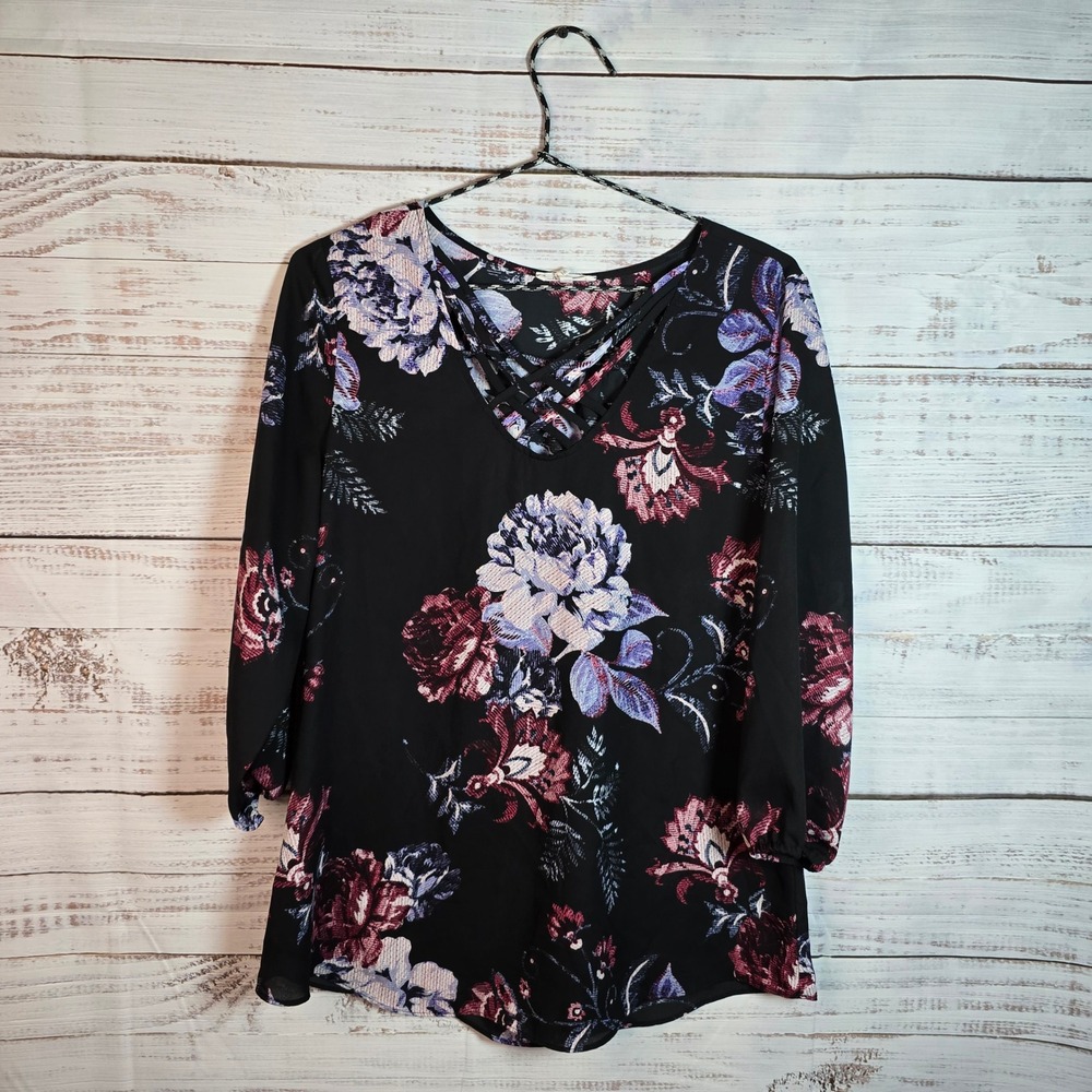 Maurices Floral Criss Cross Neck Blouse Black Purple Long Sleeve Top Medium